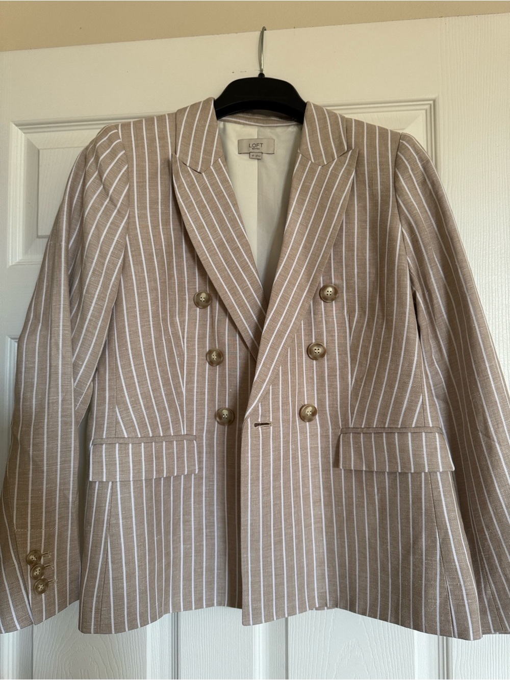 LOFT Tan and White Pinstripe Double-Breasted Blazer with Gold Buttons